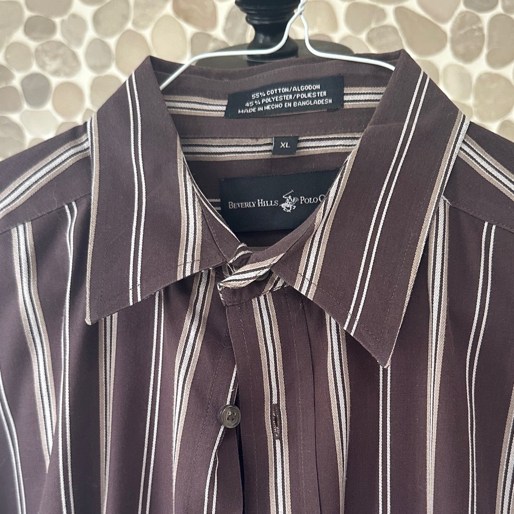 Beverly Hills Polo Club Dark Brown Striped Shirt - Picture 2 of 6